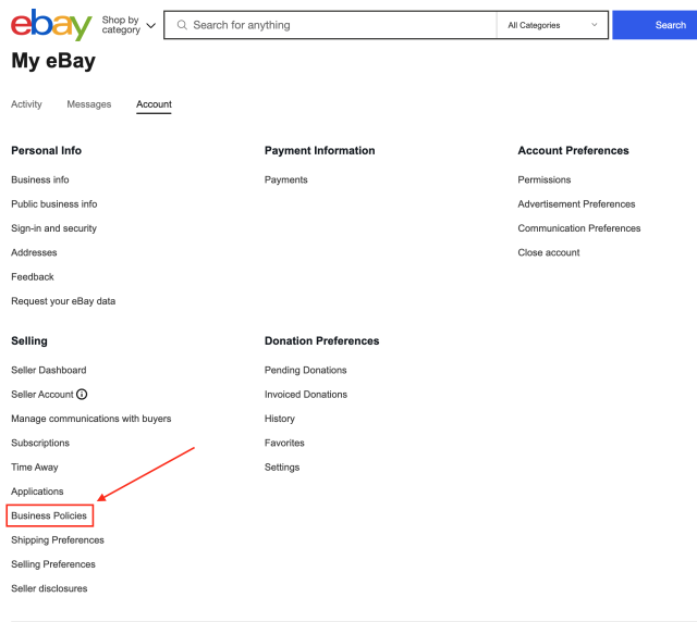 ビジネスポリシーをクリック