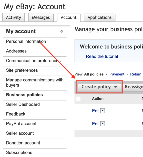 クリエイトポリシーをクリック