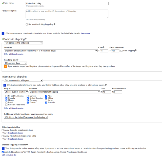 シッピングポリシーのおすすめ設定(アメリカ向け/2.5kg以上)