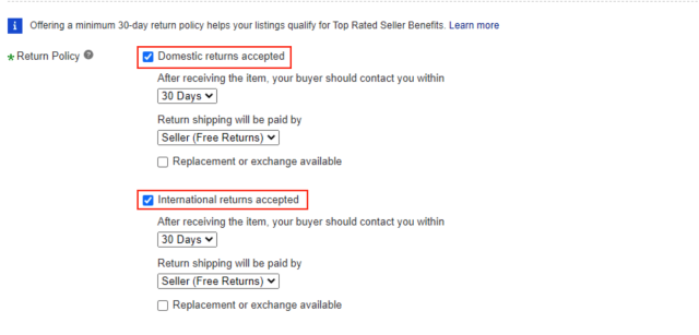 リターンポリシー返品を受け入れるか否かの設定