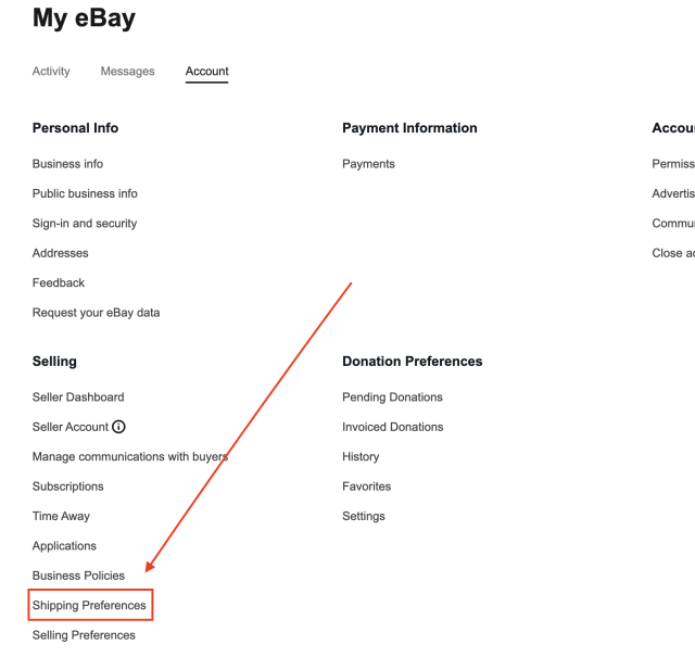 Account settingからShipping Preferencesを選択
